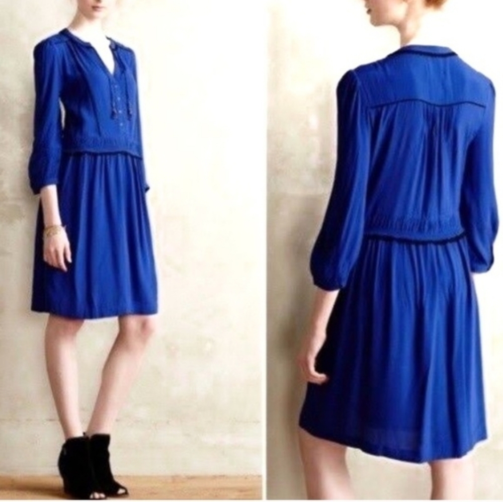 Maeve Galan Royal Blue 3/4 Sleeve Shirt Dress Beaded Tassels S Petite Pockets